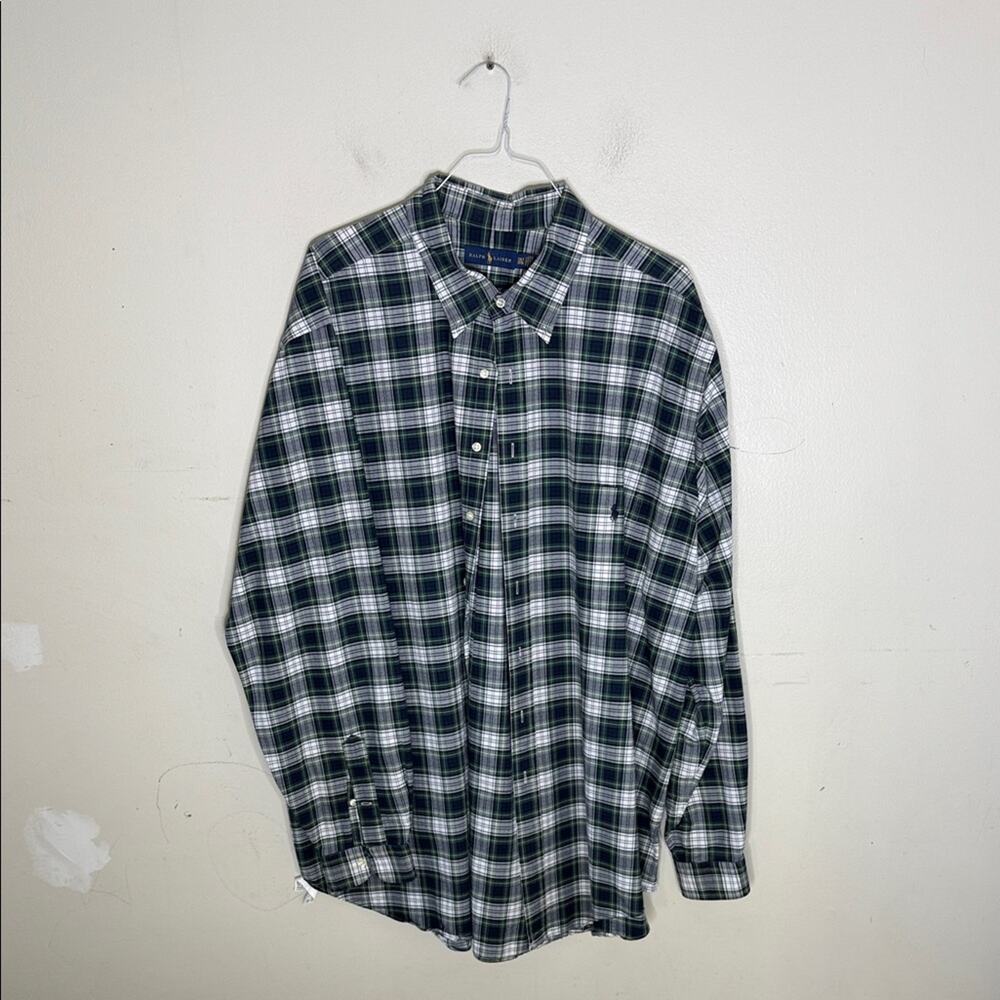 Ralph Lauren Navy and White Plaid Button Front Long Sleeve Shirt Size 3XLT
